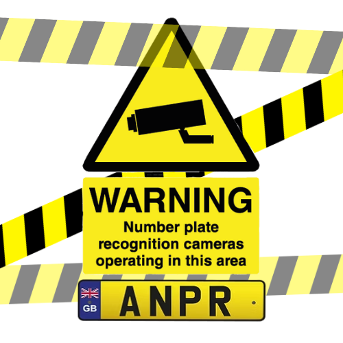 ANPR Graphic with a warning sign and yellow and black tape.