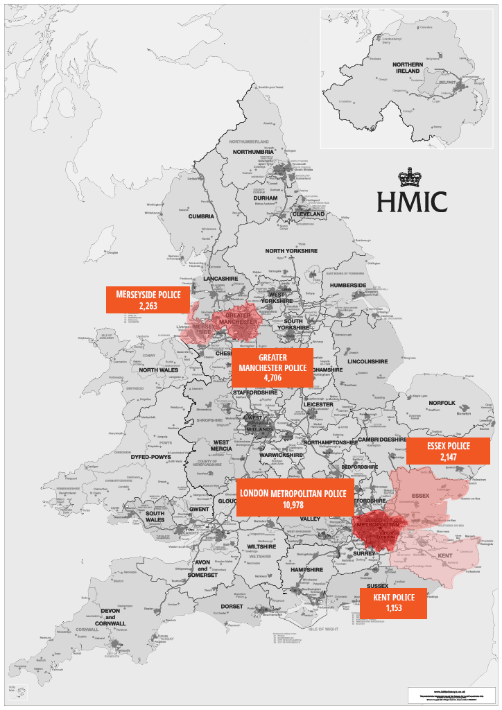 Graphic showing the top locations of police fines for drivers not having a valid MOT in the UK.